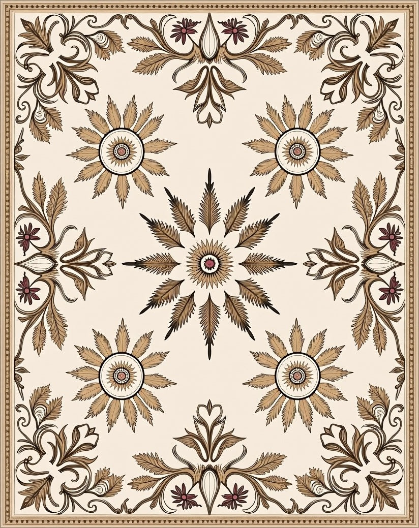 Beige and Burgundy Floral Medallion Rug