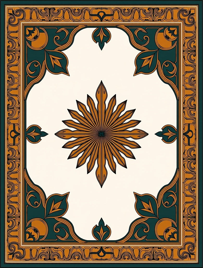 Ornate Teal Gold Sunburst Medallion Rug