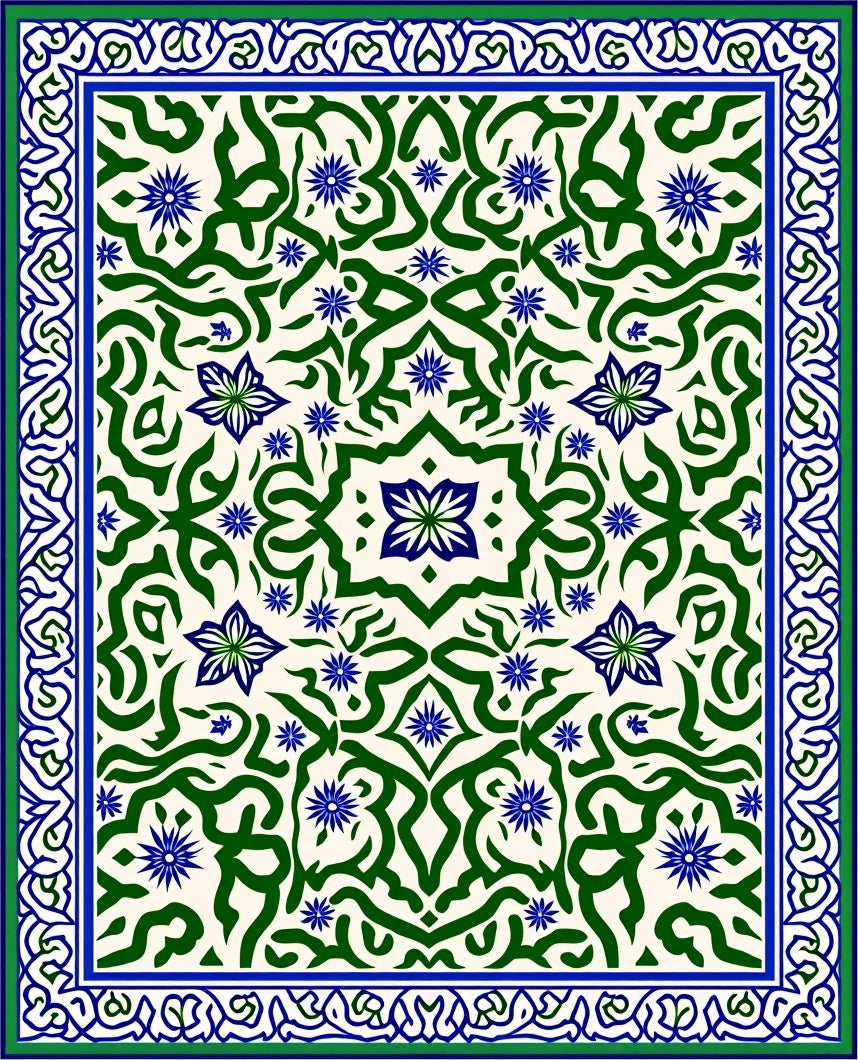 Green Blue Arabesque Floral Medallion Rug