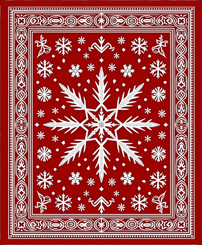 Crimson White Snowflake Holiday Border Rug