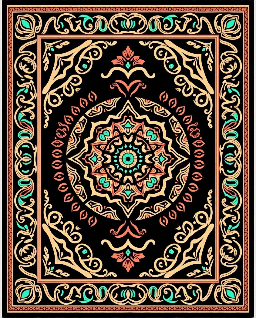 Black Coral Teal Mandala Medallion Rug