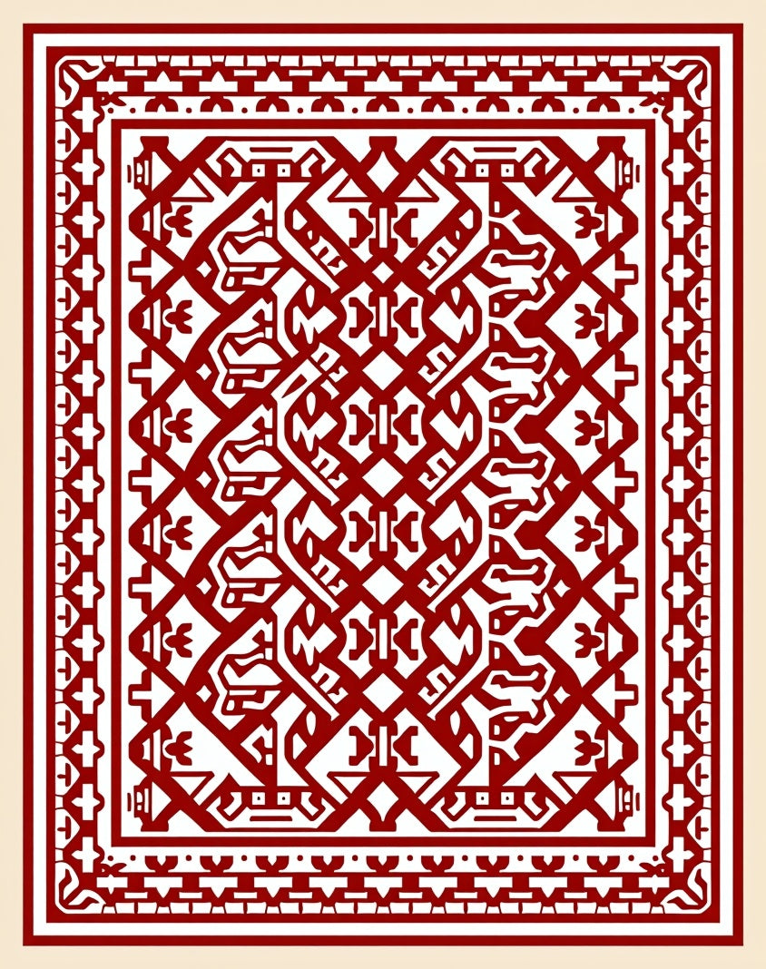 Crimson Red Geometric Animal Motif Rug