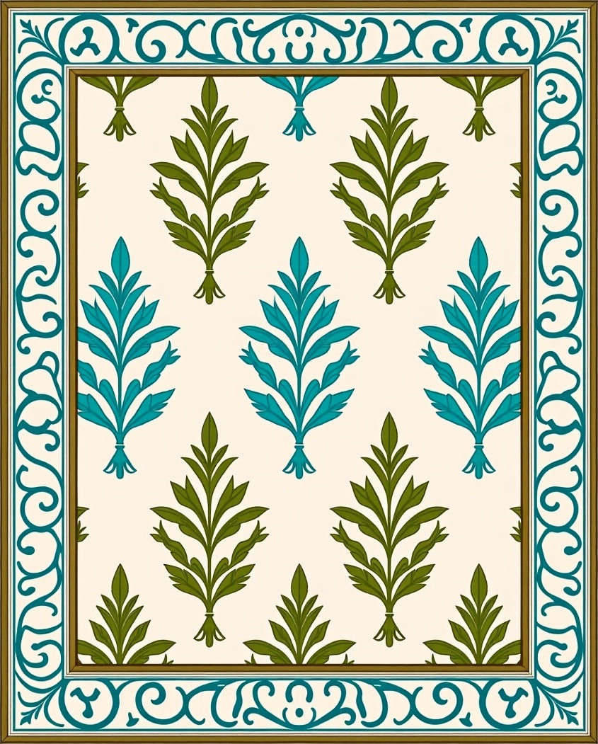 Teal and Olive Leaf Border Rug