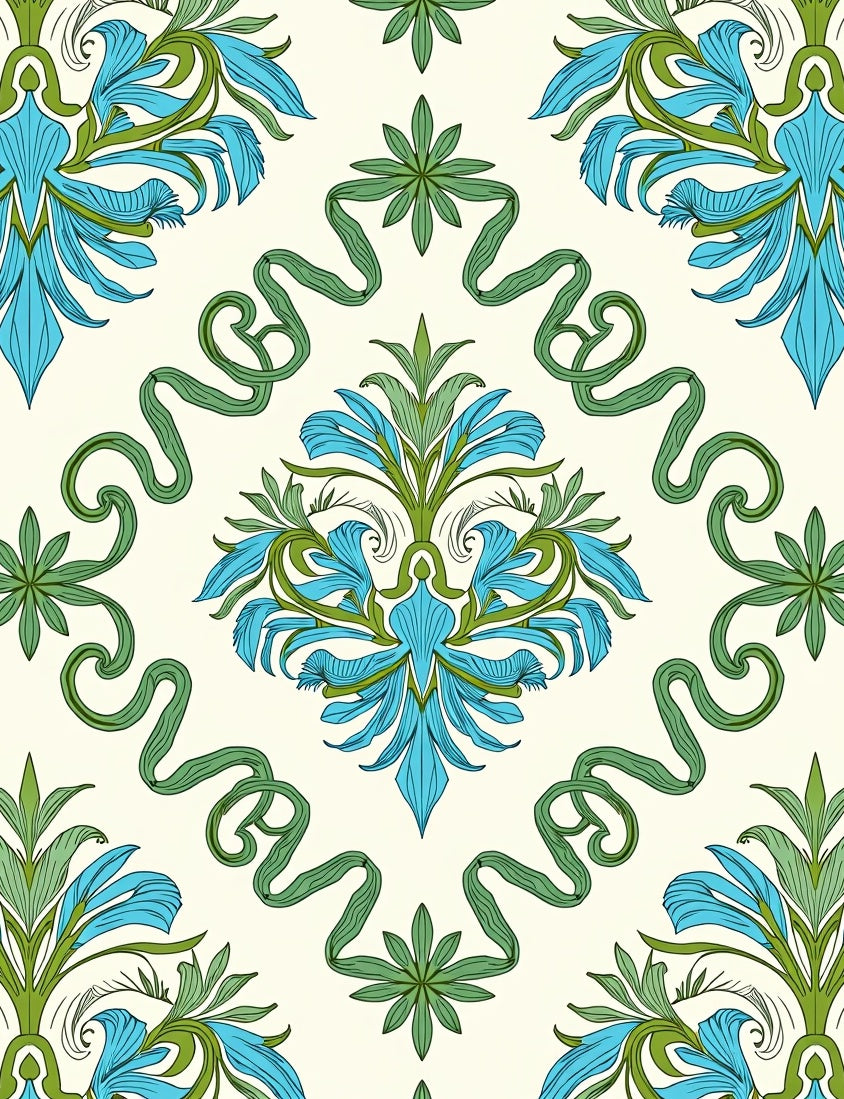 Blue Green Floral Swirl Arrangement Rug