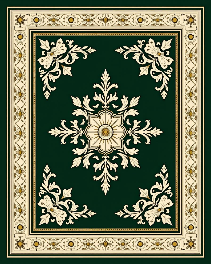 Antique Green Floral Border Rug