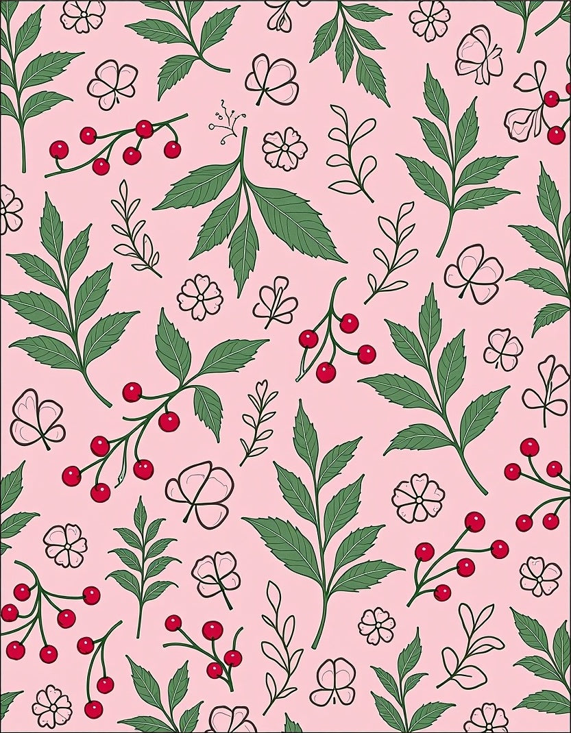 Pink Botanical Berry Leaf Arrangement Rug