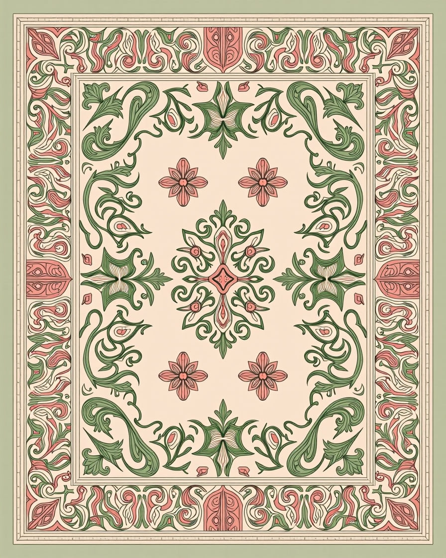 Floral Vine Medallion Coral Green Rug