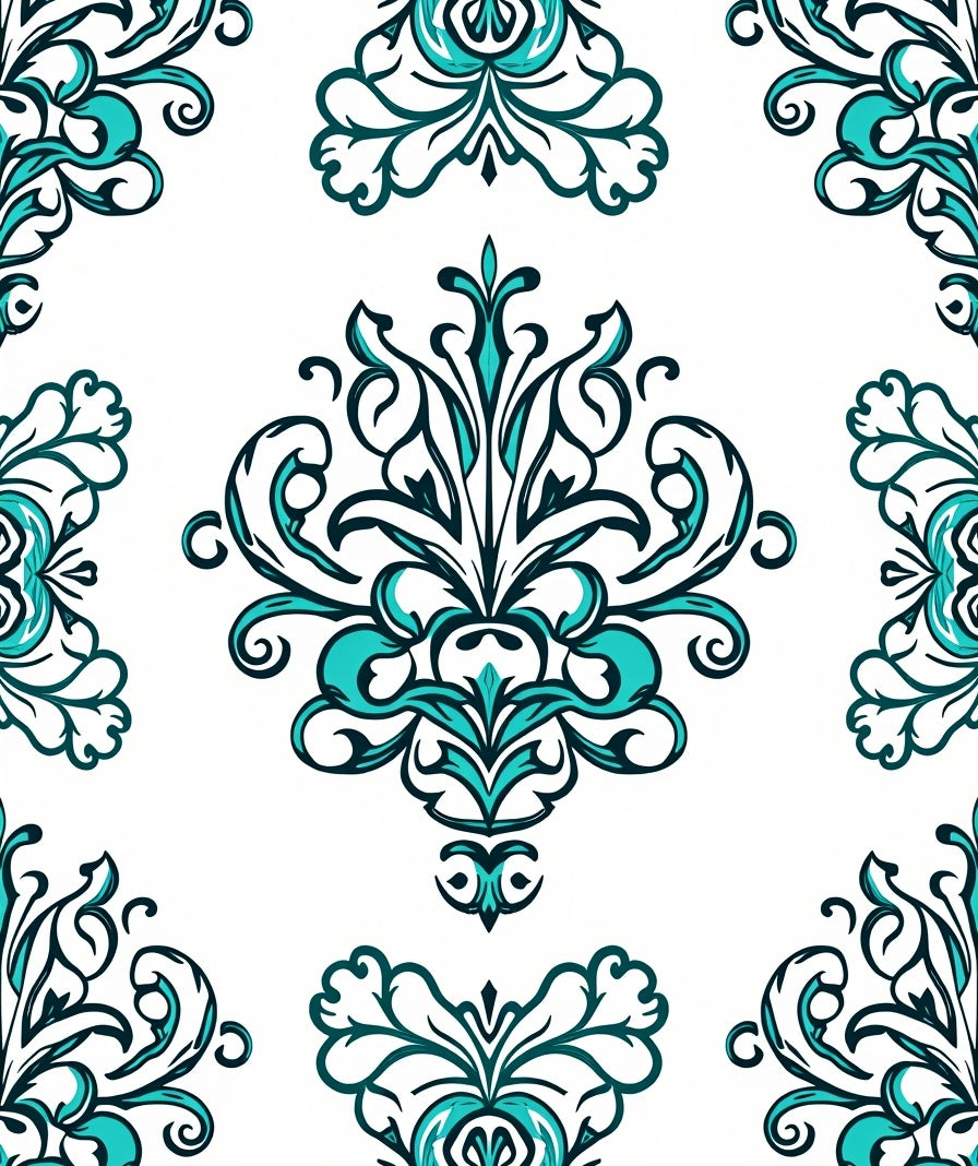 Teal And White Contemporary Damask Rug