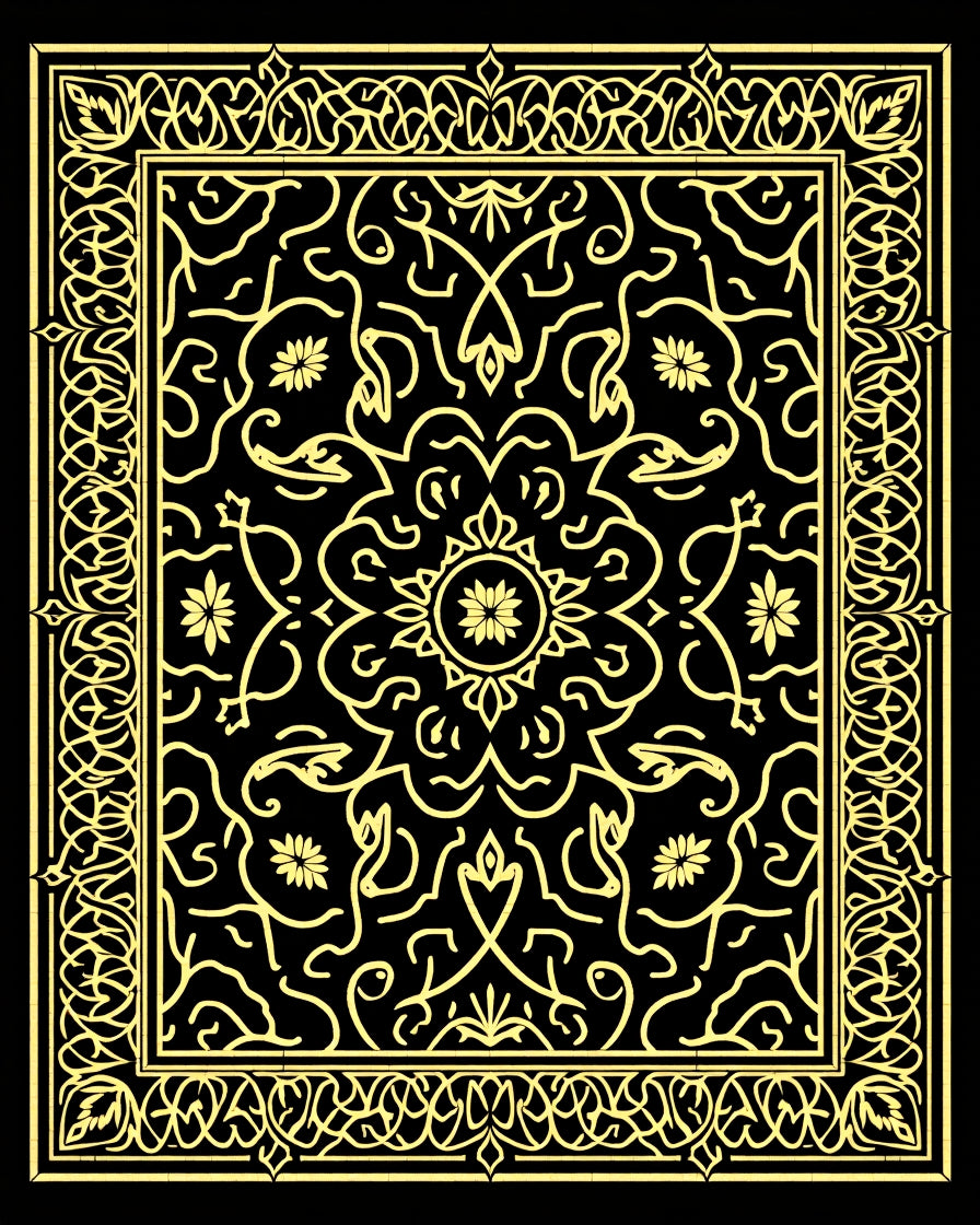 Ornate Gold Floral Mandala Black Rug