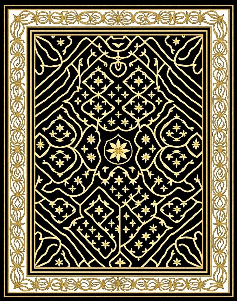 Black and Gold Geometric Floral Medallion Rug