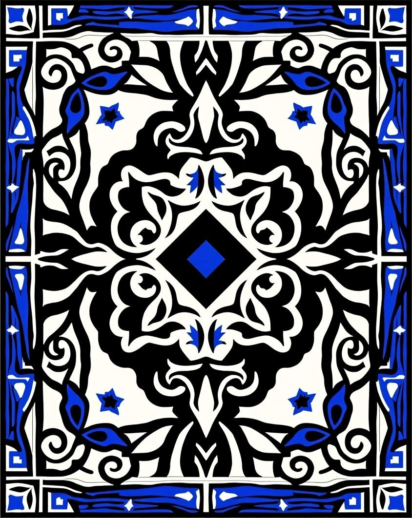 Bold Black Blue Intricate Medallion Rug