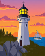 Coastal Sunset Lighthouse Sailboat Scene Rug