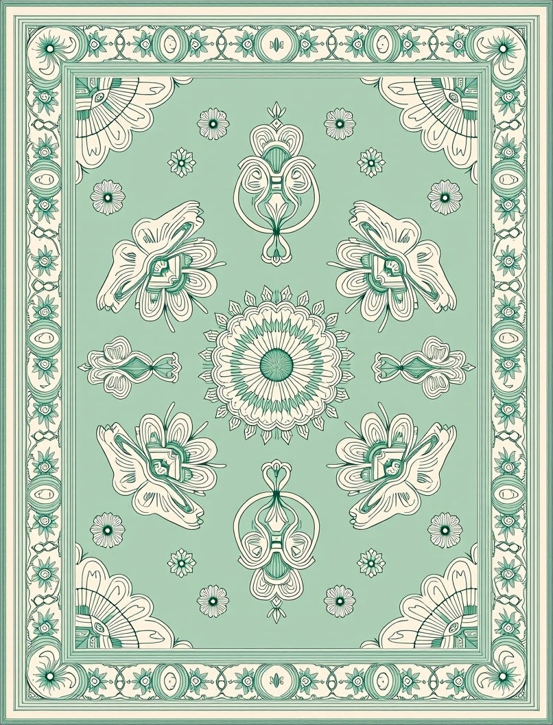 Mint Green Floral Medallion Border Rug