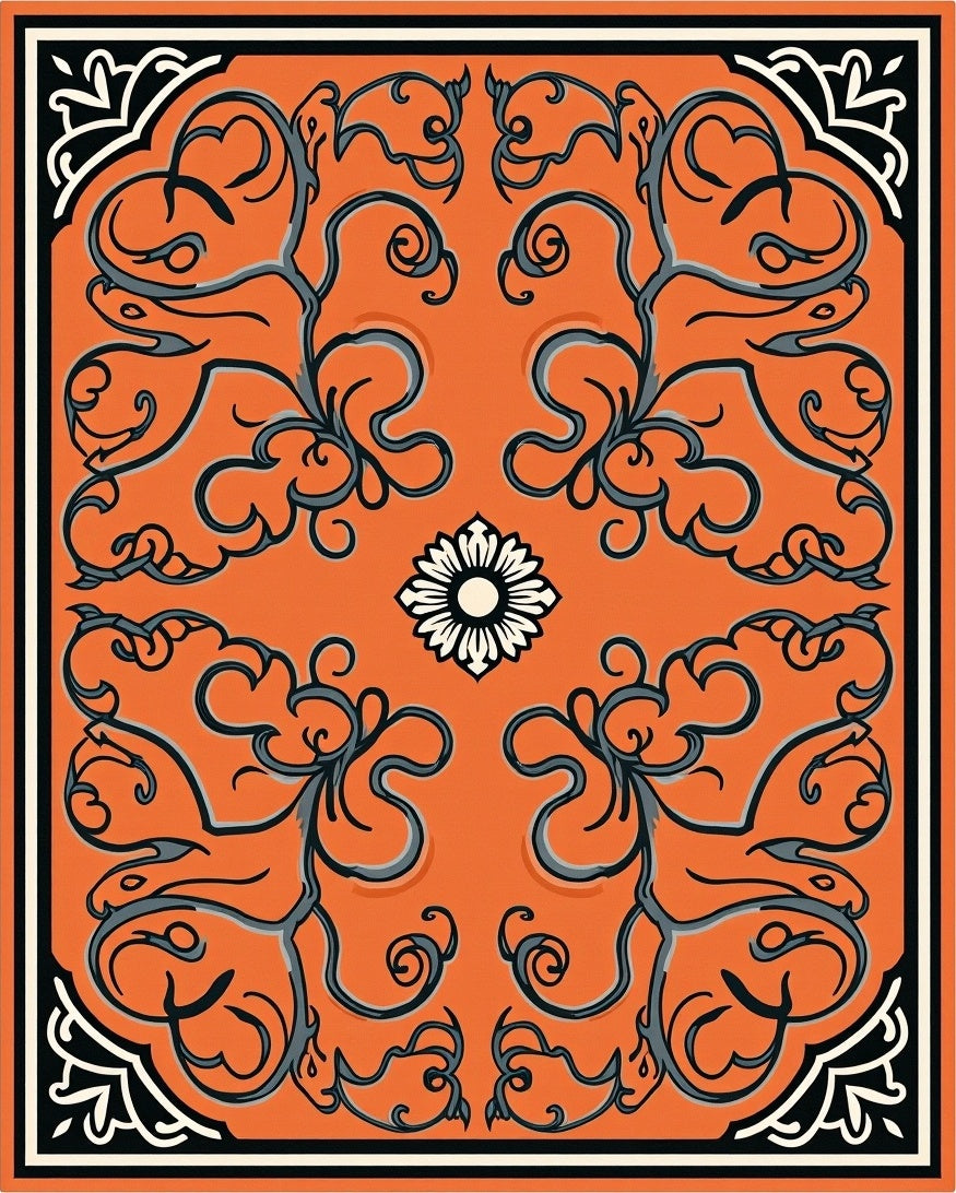 Orange Floral Scroll Medallion Rug