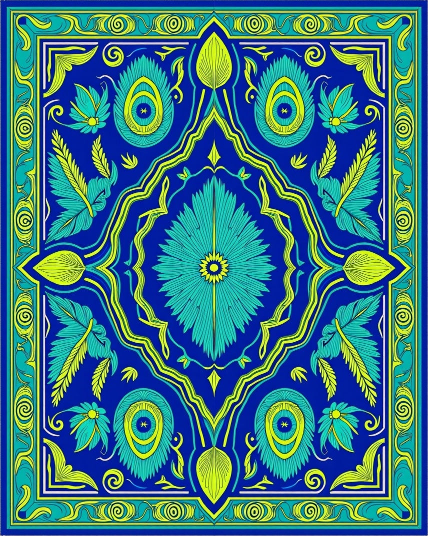 Royal Blue Teal Yellow Floral Medallion Rug