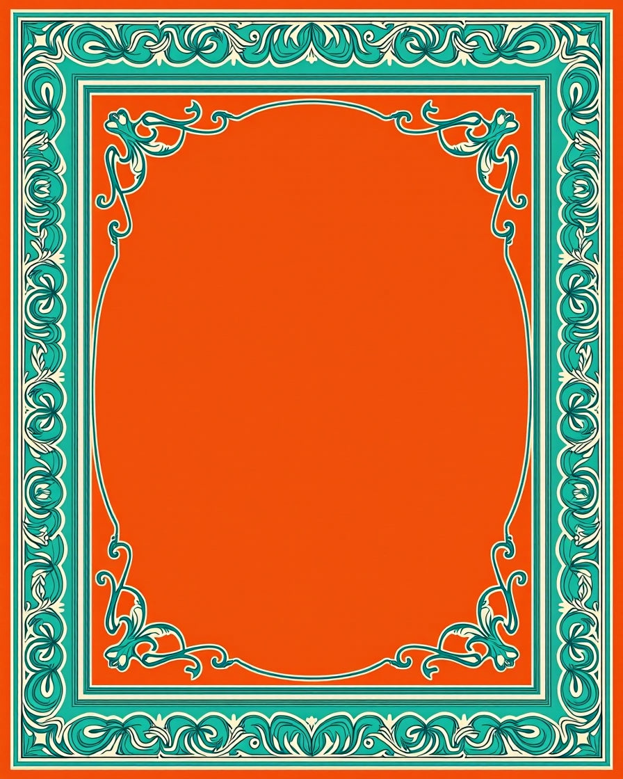 Vibrant Teal Orange Ornate Border Rug
