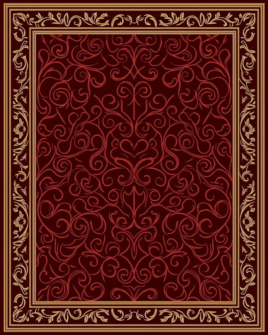 Crimson Red Ornate Scrollwork Blanket Stitch Rug