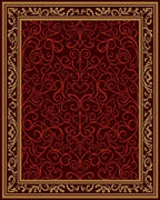 Crimson Red Ornate Scrollwork Blanket Stitch Rug