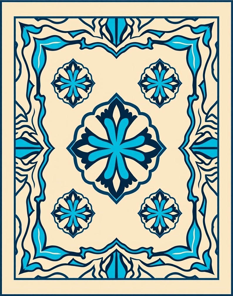 Cream Blue Floral Medallion Border Rug
