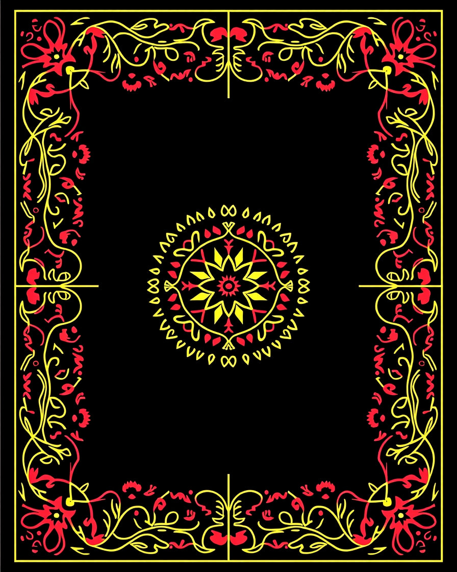 Red Yellow Floral Scroll Medallion Frame Rug