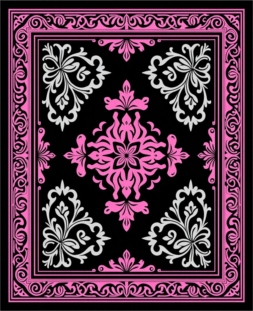 Bright Pink White Floral Medallion Brocade Rug