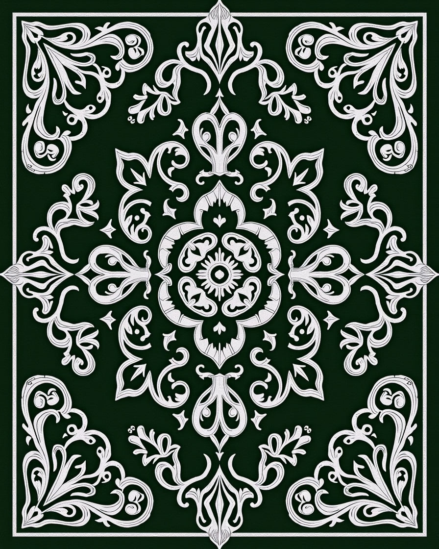 Dark Emerald White Classical Scrollwork Rug