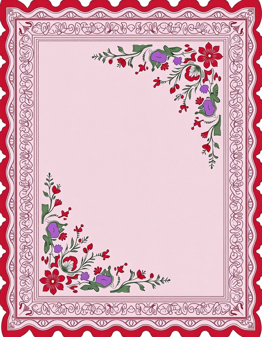Red Floral Border Pink Background Rug