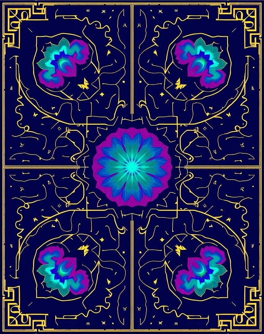 Deep Blue Floral Medallion Sunburst Rug
