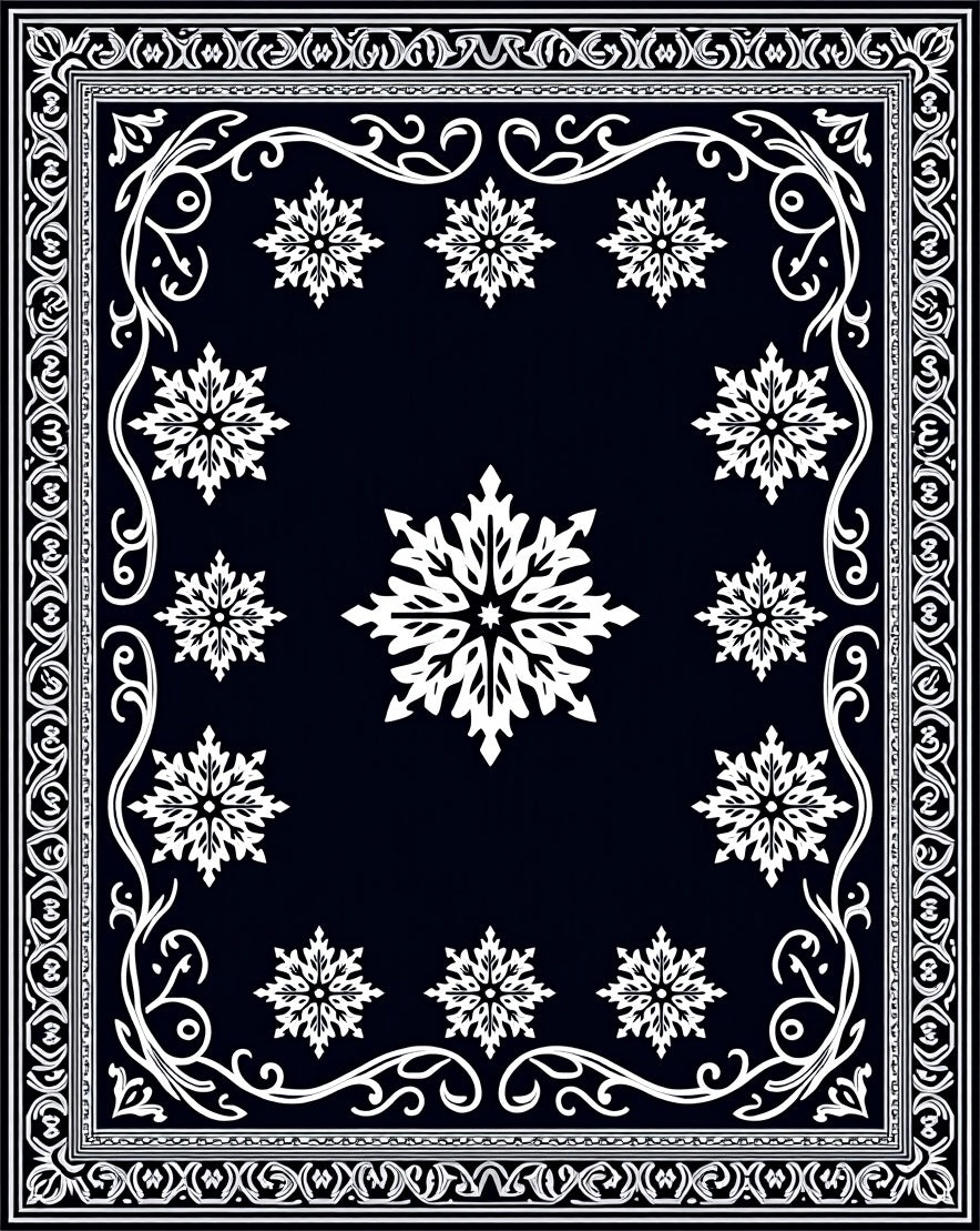 Dark Blue Snowflake Scroll Border Rug