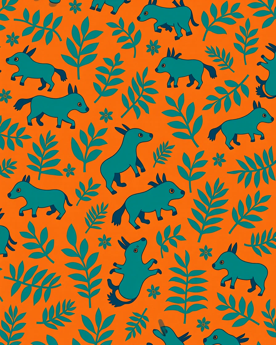 Orange Teal Canine Foliage Field Rug