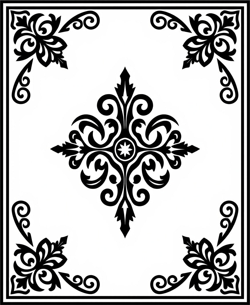 Black and White Floral Scroll Medallion Rug