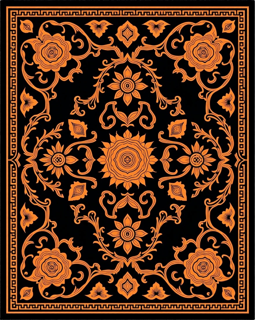Vibrant Orange Floral Medallion Black Rug