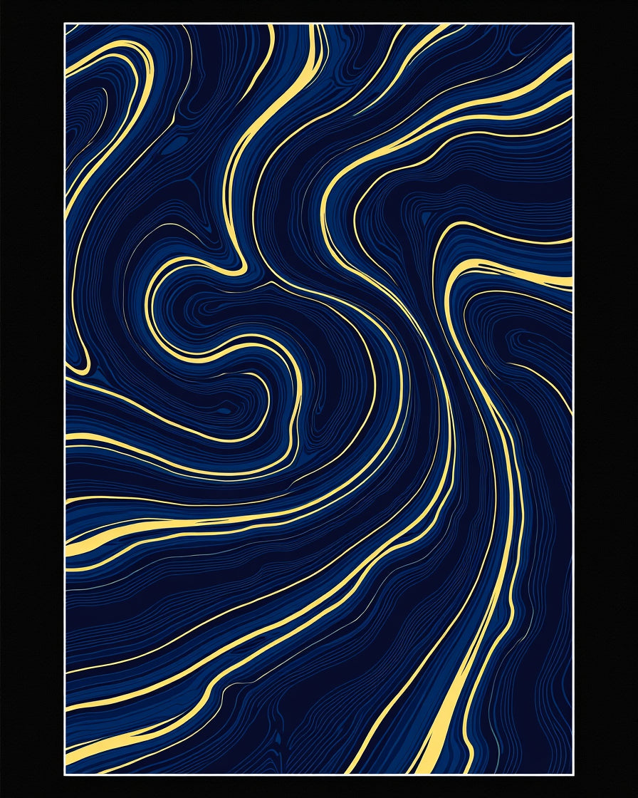 Deep Blue Golden Swirl Abstract Rug