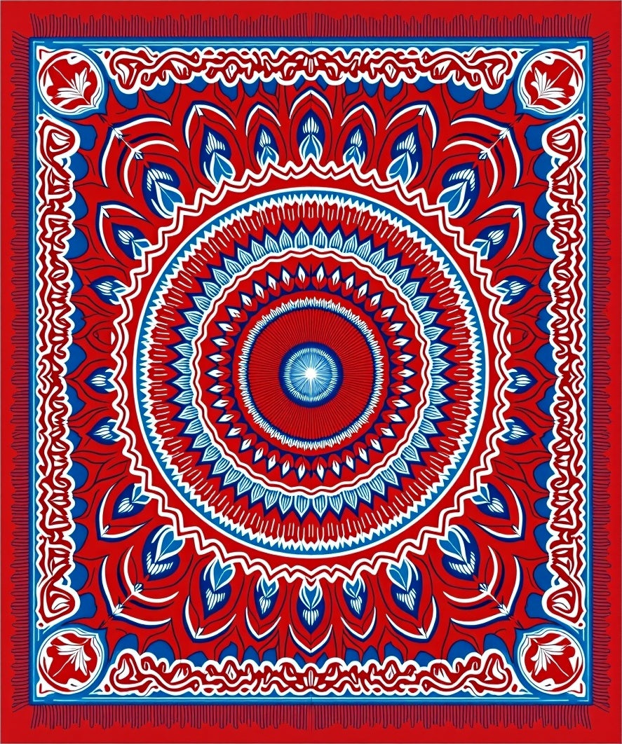 Vibrant Red Blue Mandala Medallion Rug