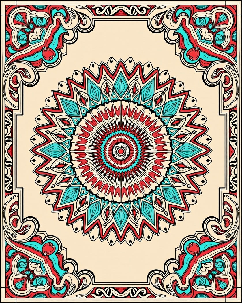 Coral Teal Bold Medallion Border Rug