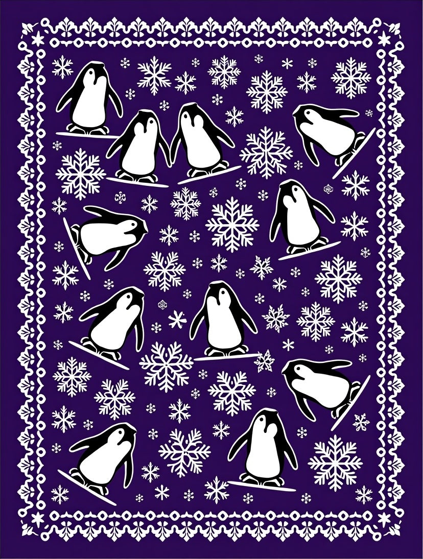 Purple Penguins Snowboarding Snowflake Border Rug