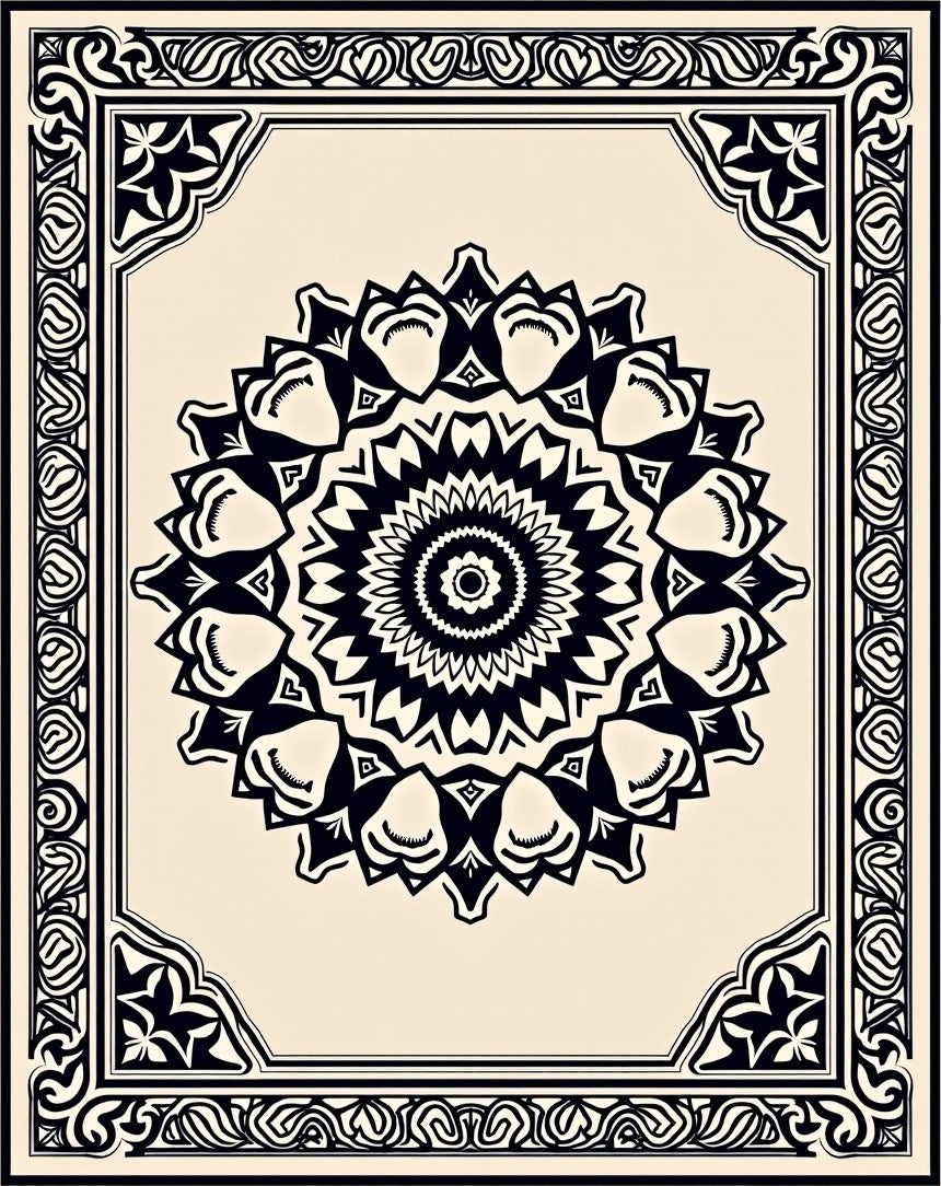 Cream and Black Intricate Mandala Frame Rug