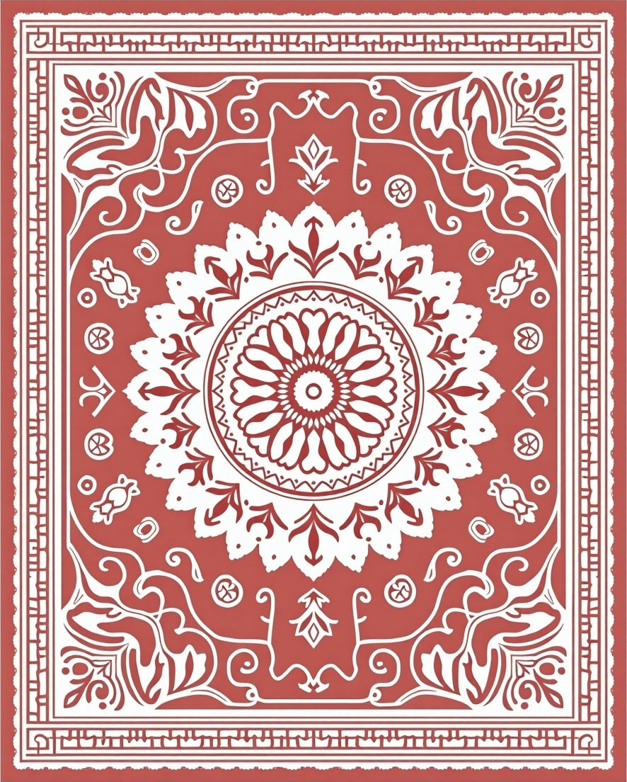Crimson White Floral Medallion Border Rug