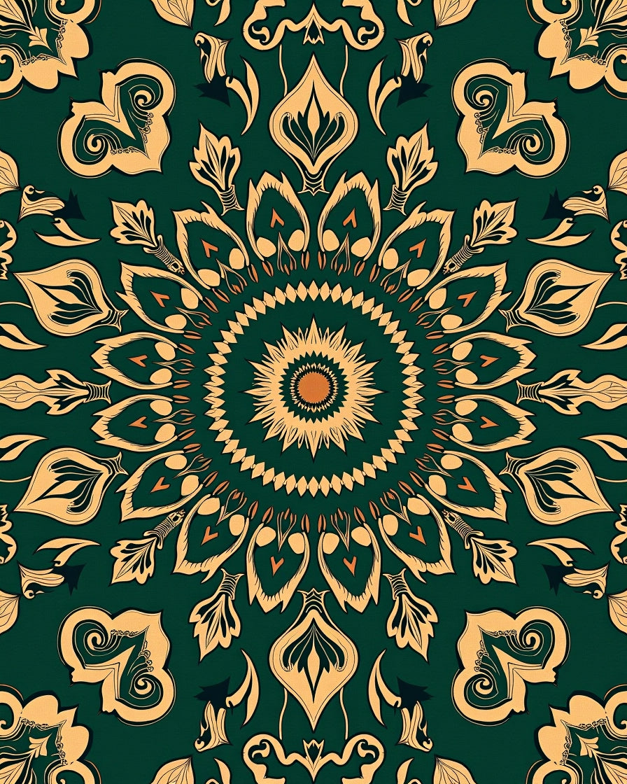Deep Green Golden Mandala Medallion Rug