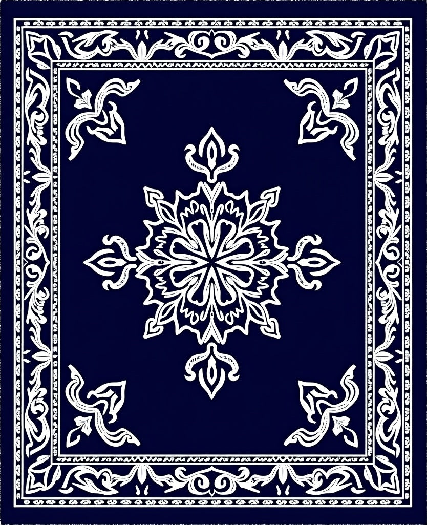 Navy White Floral Mandala Border Rug