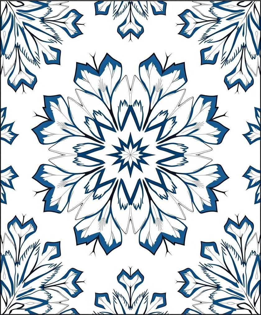 Deep Blue Radial Leaf Mandala Rug