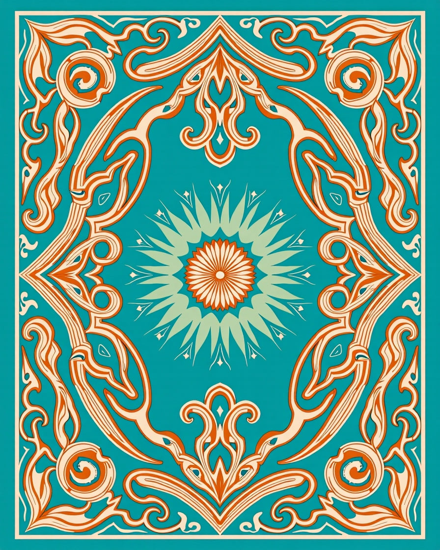 Turquoise Orange Floral Medallion Frame Rug