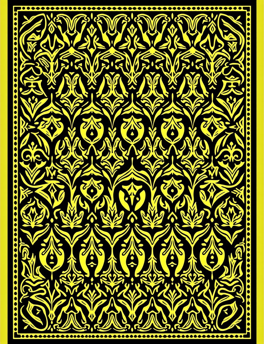 Vibrant Yellow Black Floral Scroll Rug