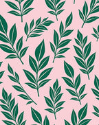 Emerald Green Leafy Branches Pink Background Rug