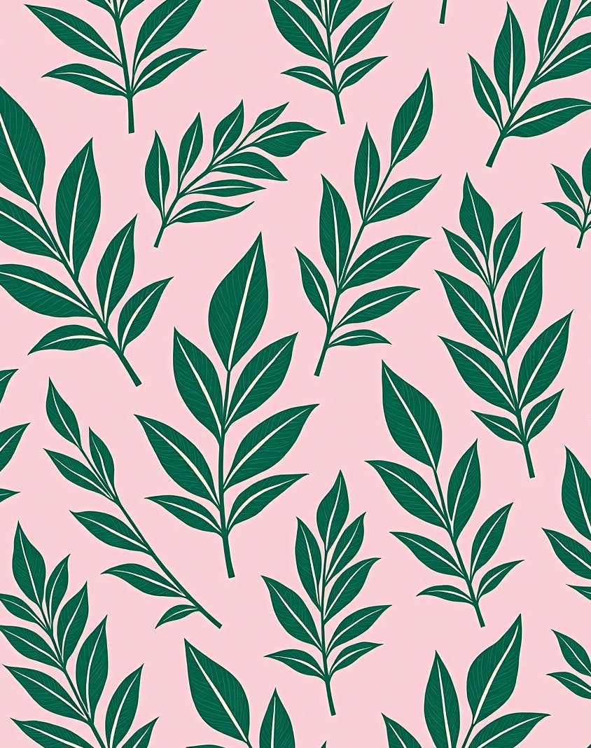 Emerald Green Leafy Branches Pink Background Rug