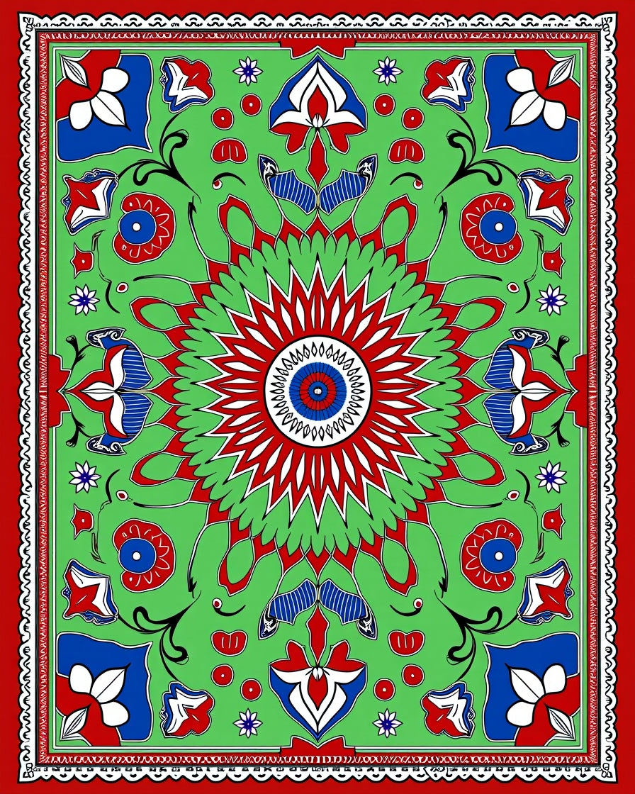 Vibrant Red Blue Green Floral Medallion Rug
