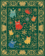 Emerald Green Whimsical Cat Floral Border Rug