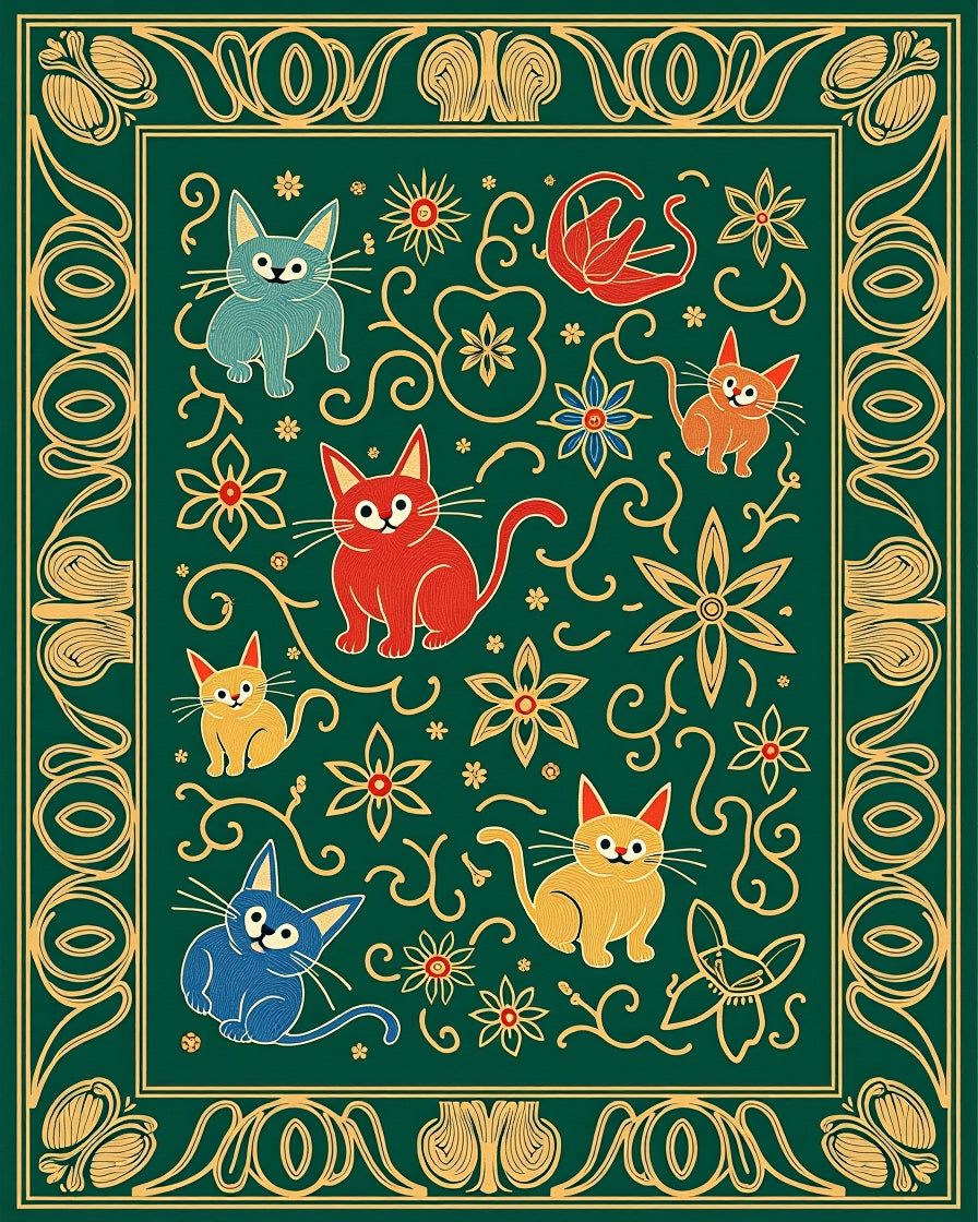 Emerald Green Whimsical Cat Floral Border Rug