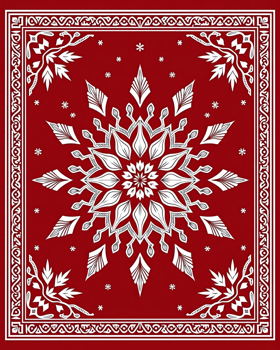 Crimson Snow Flake Mandala Border Rug