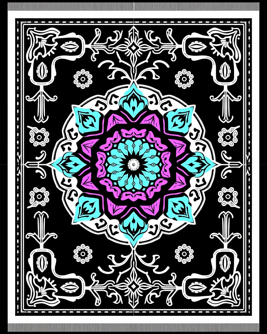 Vibrant Cyan Pink Medallion Kaleidoscope Rug